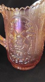 Pink Carnival Glass Imperial pitcher windmill