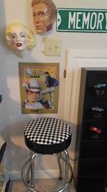 Marilyn Monroe and James Dean faces wall hangings checkered bar stool and more