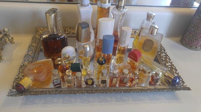 Beautiful vanity tray full of designer perfumes
