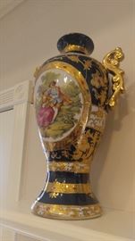 Large pair of limoge cobalt portrait mantle vases