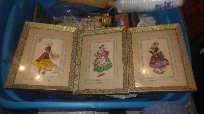 Beautiful antique Trio of pictures made with colored thread