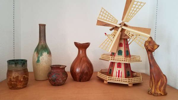 Musical Windmill and Pottery + Wood Sculpted Vase