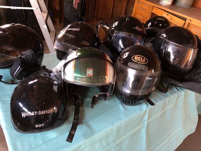 Motorcycle helmets.  (Put this under what seems out of place in this sale....) Except this is an excellect collection from Harley Davidson to Arai