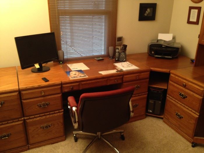 3 Desk office w/ 2 drawer file cabinet and hutch