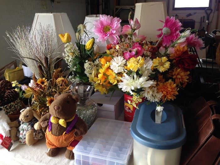 Assorted flowers and vases