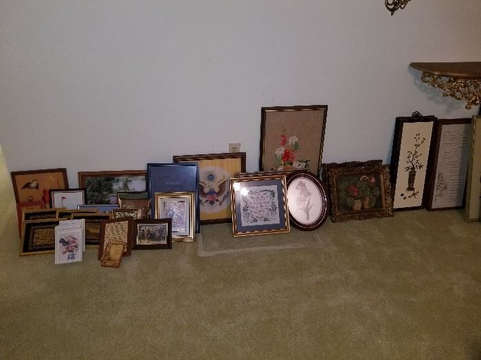 Large selection of framed prints, needlework, and original art work. 