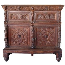 Lot 0067 Antique Flemish Baroque Carved Oak Sideboard Cabinet Starting Bid $700