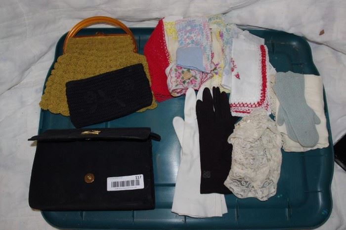 Vintage handbag, gloves, and handkerchiefs