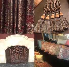 Drapes, tie backs, fireplace screen, decorative pillow and accent pillows
