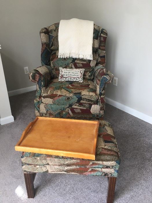 Library Print Wing Back Chair w/Ottoman