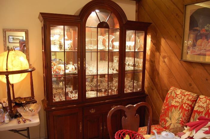 China Cabinet, full of Candlewick and Goebels. Also Swedish signed art glass Orrefors-