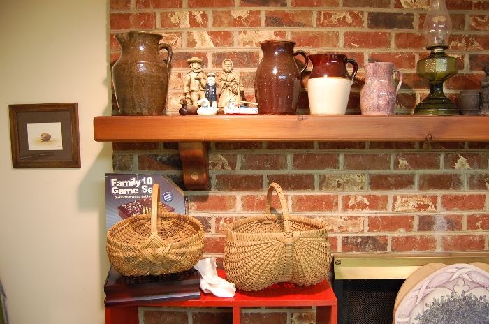 woven baskets- some age, antique pottery pitchers
