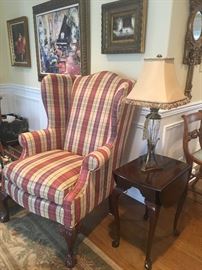 Plaid wing chair, art & tables 