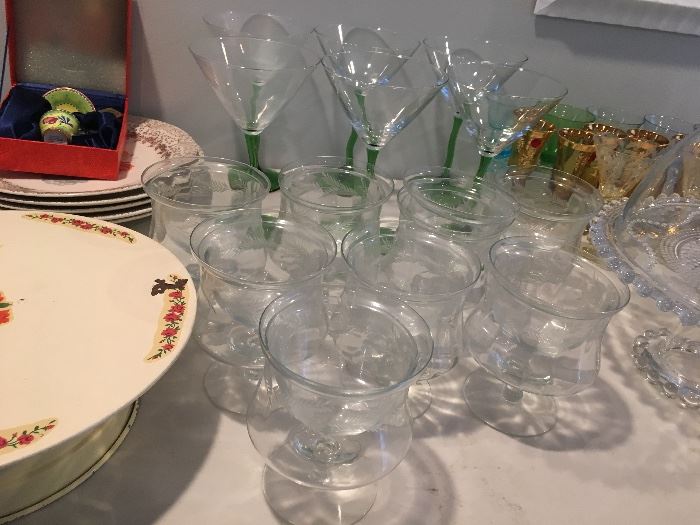 Antique sets of glassware, shrimp cocktail glasses