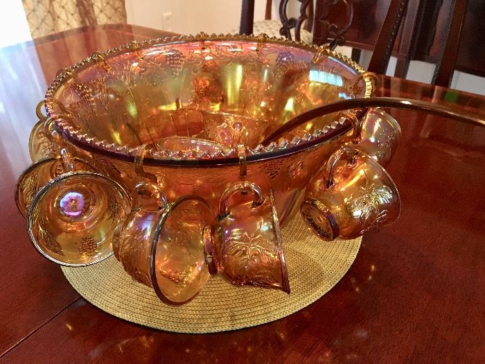 Vintage iridescent Depression Glass punchbowl set 