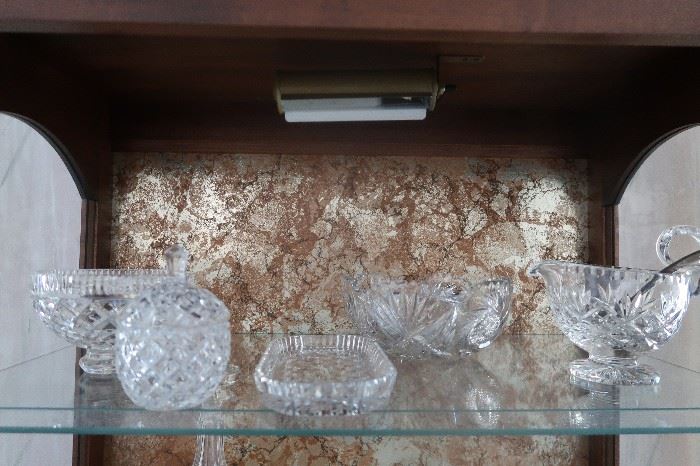 Vintage display - curio cabinet.  Crystal, cut glass and Waterford.