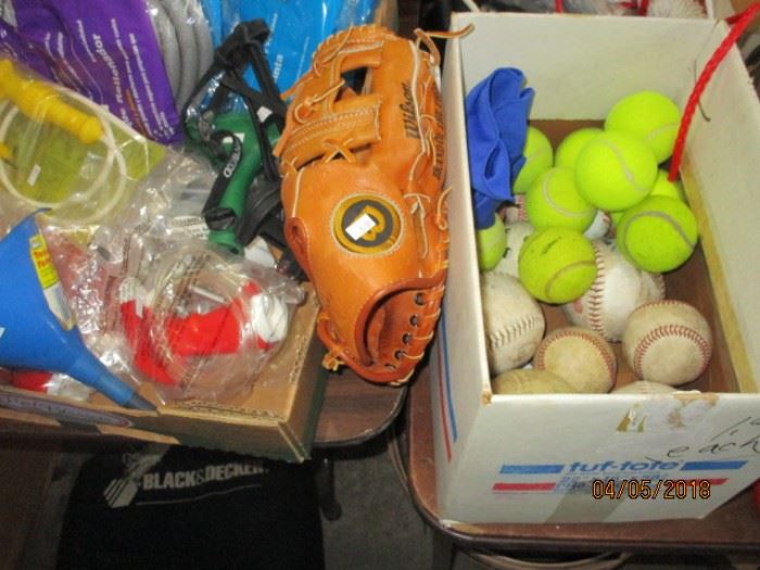 sporting equipment, ball glove and balls