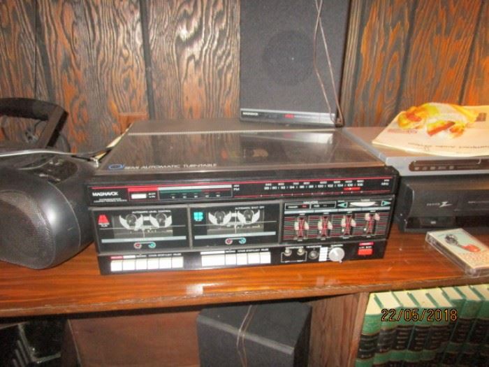 Magnavox turntable, dual cassette, radio, speakers