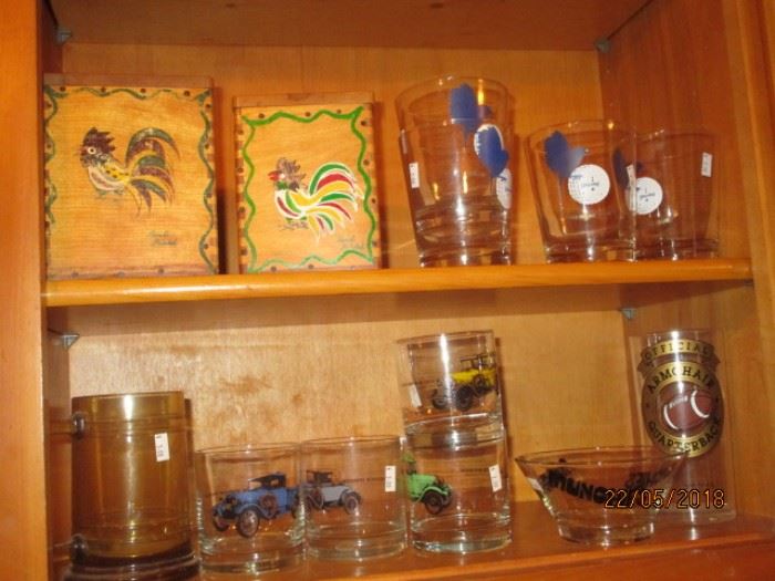 Old recipe boxes and rock glasses with themes