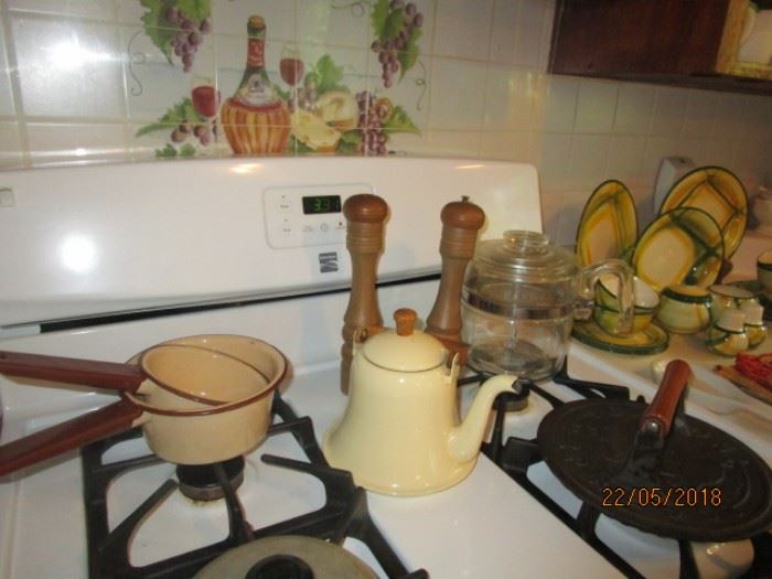 old enamel pans and teapot