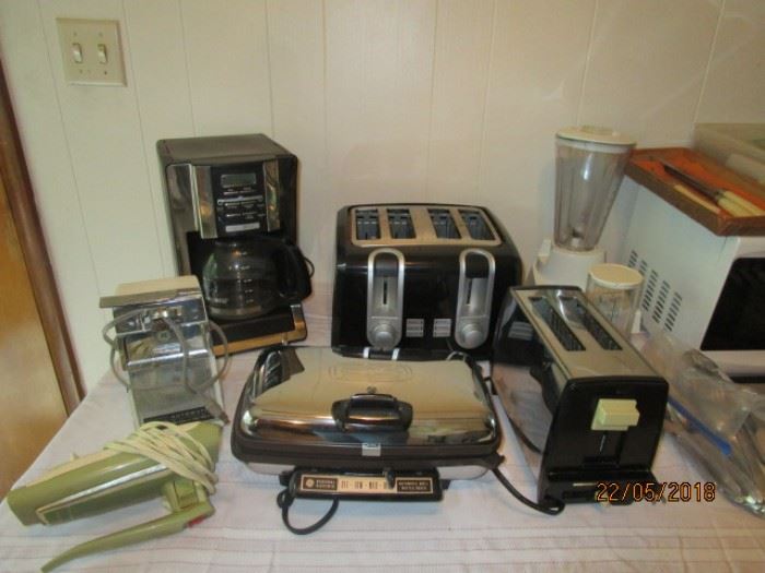toaster, coffee maker, waffle/grill combo, etc