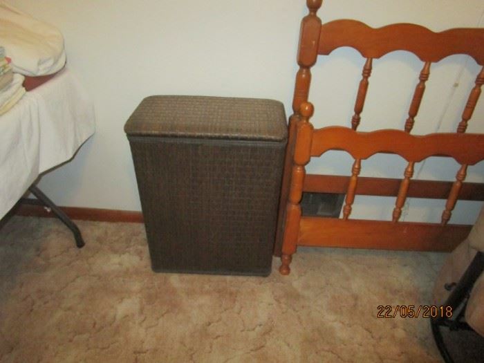 Old clothes hamper and maple head board, foot board, and rails
