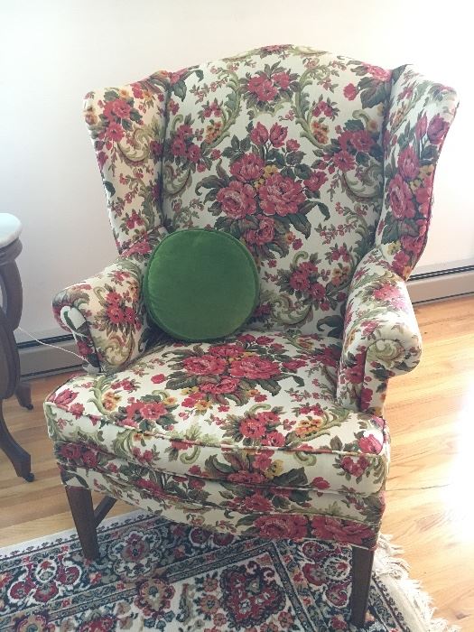 Pair of lovely vintage floral wing back chairs.