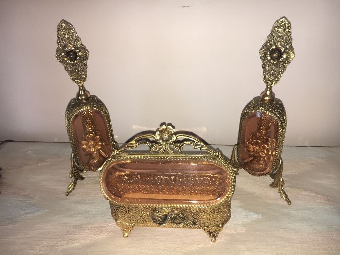 Stunning "ormolu" dresser set--two large perfume bottles and jewelry casket. 