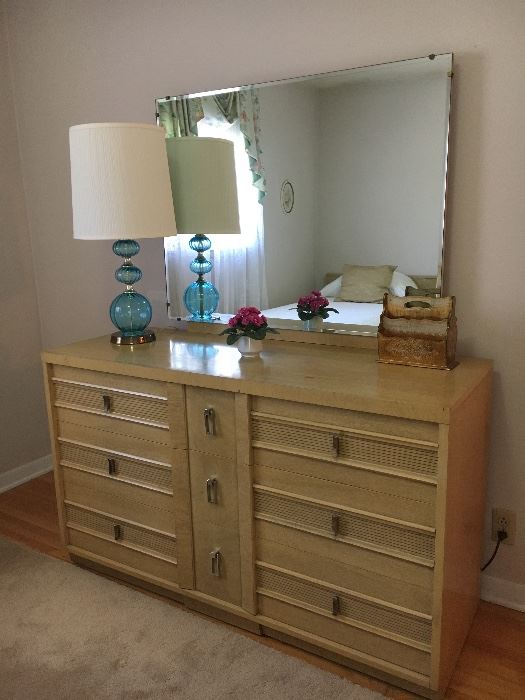 Oh, so 1960s! MCM blonde bedroom group--dresser with plate glass mirror, nightstand and pair of twin beds.