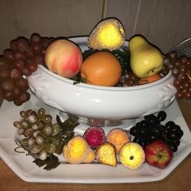 Antique ironstone platter and tureen (no lid) filled with faux fruit.