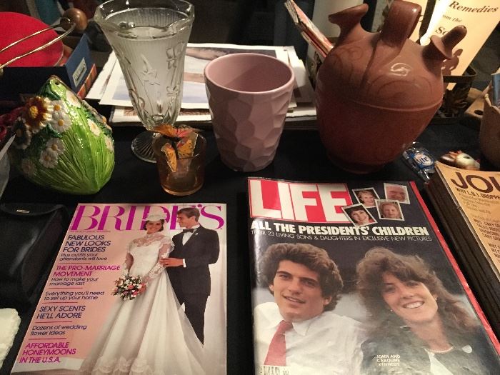 Vintage magazines, Iris vase, pottery and more.
