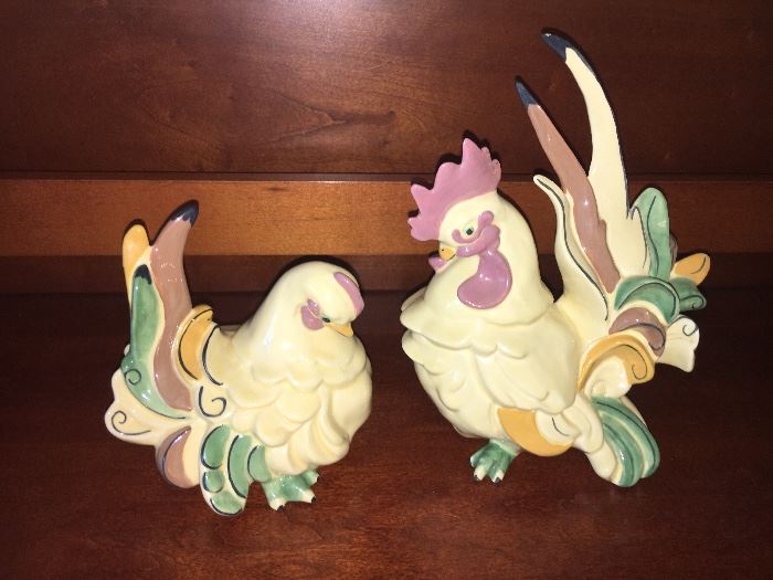 Vintage pastels chicken and rooster pottery figures.