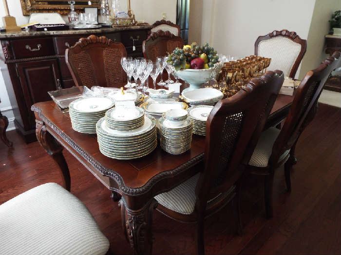 Dining table & eight chairs, china, crystal and more