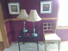 Lamps, table, chair, wall hangings