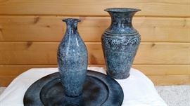 Metal decorative plate and vases