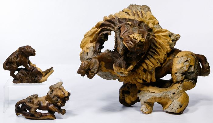 Namibia Carved Wood Lion Figures