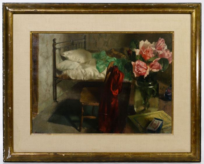 Patrick Hennessy English 1915 1980 Roses in a Bedroom Oil on Canvas