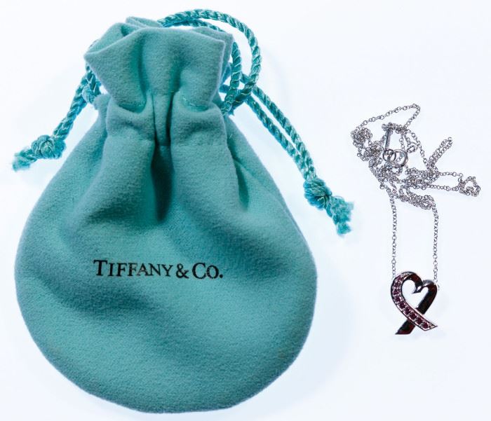 Tiffany Co 18k White Gold and Ruby Heart Pendant on Necklace