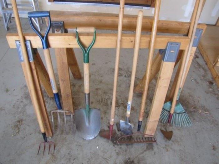 Garden Tools and 2 Sawhorses