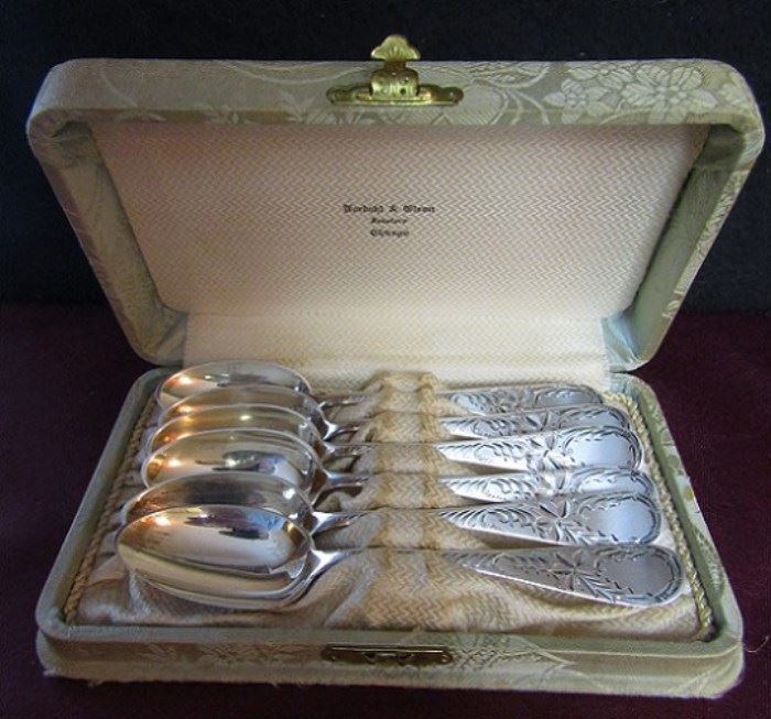 Scandinavian Sterling Silver 830 set of #6 Nordahl & Olsen , Chicago  signed and marked Teaspoons. Circa 1906.