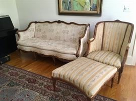 19th cent.  Louis XV sofa & chair with ottoman