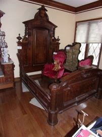 Antique Victorian walnut Renaissance large bed, Pair Victorian style Gentlemen and Lady chair