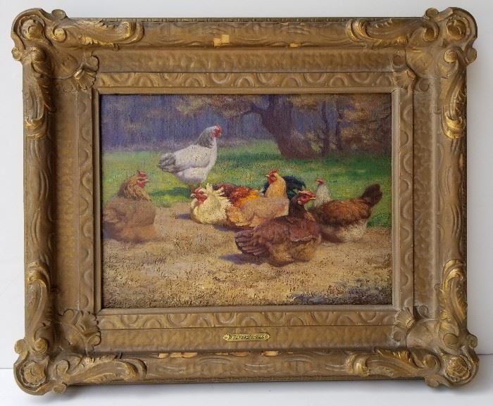 Walter Douglas Farmyard Chickens in a Landscape Oil Painting