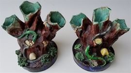 Pair French Francois Maurice Palissy Majolica Triple Tree Trunk Bud Vases with Figural Animal Applique