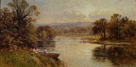 Alfred August Glendening Thames Landscape Painting Dated 1887 and Titled Twice Verso
GLENDENING, Alfred Augustus Sr. or Jr. (British, circa 1840-1910 or 1861-1903 or 1907): "Richmond Hill from Twickenham on the Thames" or "Richie Scene on the Thames, Richmond Hill in Distance", oil on canvas, approx. 8 inches high x 15 inches wide (7.625 x 14.625 inches visible sight dimensions, 15.5 x 22.5 x 3 inches overall framed dimensions), monogrammed A.A.G. and dated 87.8 presumably for August, 1887 lower left, above title referencing Twickenham in pencil on stretchers, above title using Richie designation on original or period label in ink on backing label, St. Louis, MO, USA period or early framing label on backing. Period, likely original American installed acanthus gilt frame molding with gilt liners.
Provenance: Prominent New York estate including British, French and Russian Beaux Arts and Belle Epoch period holdings, name witheld by request.
Richmond Hill is a protected English historic