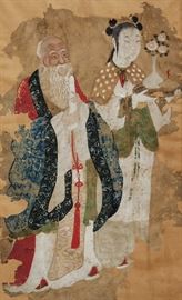 Antique Chinese Immortal With Guan Yin Scroll

Over 21 inch painting or scroll - an original painted work that appears to be on fine silk laid down on paper, apparently Ming or Qing, depicting an Immortal next to Kwan Yin

21 3/4" high x 13 1/4" wide within borders - 22 3/4" x 15 1/4" overall. Unframed.

Assumed to be antique, at least 100 years old - possibly centuries old. One of our neighbors is a retired Chinese speaking professor - he believes this is many centuries old but stressed that while he lived in China he never did museum work.

Provenance: Miami-Dade County, Florida, USA sale of estate items.