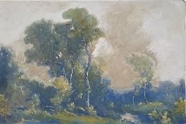 EILSHEMIUS, Louis Michel (American, 1864-1941): "Windy Day", 1912, oil on board, 20 inches high x 29.75 inches wide (26 x 36 x 1.25 inches framed), signed in pencil lower right, titled, dated and additionally inscribed illegibly (see detail image for close up of illegible portion) in pencil verso. Carved silvered vintage frame with Braxton E. 58th St. NY framing label verso.
Provenance: Prominent European family with old New York ties retired to Florida.
New Jersey born artist who became a Belle Epoch icon. Studied in Germany, Paris, Antwerp including at Cornell, the Art Students League and the Academie Julian. Early influences were the Hudson River School and the French Barbizon School including Corot, Degas, Ryder and Inness. Prior to 1913 he sometimes signed his work Elshemus. Worked in Europe, New York, Africa, Hawaii, Samoa, California, New Zealand, Memphis, Arizona, New Orleans, Florida, et al. Exhibited at the Salmagundi Club, the NAD (National Academy of Design), PAFA (Philad