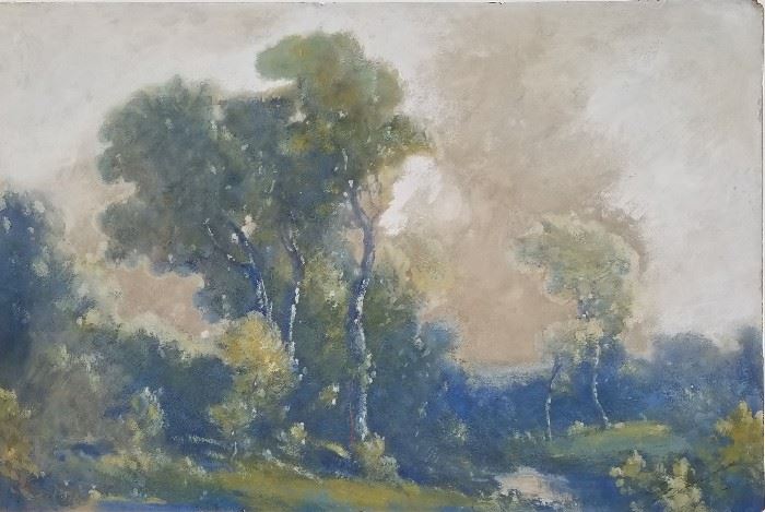 EILSHEMIUS, Louis Michel (American, 1864-1941): "Windy Day", 1912, oil on board, 20 inches high x 29.75 inches wide (26 x 36 x 1.25 inches framed), signed in pencil lower right, titled, dated and additionally inscribed illegibly (see detail image for close up of illegible portion) in pencil verso. Carved silvered vintage frame with Braxton E. 58th St. NY framing label verso.

Provenance: Prominent European family with old New York ties retired to Florida.

New Jersey born artist who became a Belle Epoch icon. Studied in Germany, Paris, Antwerp including at Cornell, the Art Students League and the Academie Julian. Early influences were the Hudson River School and the French Barbizon School including Corot, Degas, Ryder and Inness. Prior to 1913 he sometimes signed his work Elshemus. Worked in Europe, New York, Africa, Hawaii, Samoa, California, New Zealand, Memphis, Arizona, New Orleans, Florida, et al. Exhibited at the Salmagundi Club, the NAD (National Academy of Design), PAFA (Philad