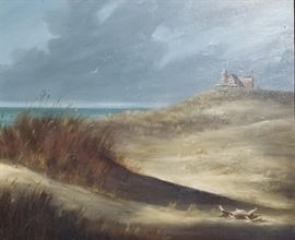 1965 Ronald Reillo Coastal Landscape Painting
REILLO, Ronald (American, 1937-1979): Beach Dunes with Mansion on Bluff, oil/masonite, 23" x 27 1/2" (29" x 33 1/2" x 1 1/2" framed), signed Ronald Reillo and dated 65 lower right, Ludwig Katzenstein, Baltimore, MD framing or gallery label affixed to backing paper. Original or period barnboard style frame with gilt liner.
Provenance: Sale of estate items along Florida's Atlantic Coast, owner's name not made available at the event