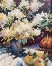 Elizabeth Horning Garden Still Life Painting

HORNING, Elizabeth J. (American, b. 1943): Elaborate Floral Still Life with Fruit and Vases, oil or acrylic/canvas, 30 x 24 inches (36 3/8 x 30 1/4 x 1 1/2 inches framed), signed in paint "HORNING" lower right, Pearl Paint, Ft. Lauderdale, FL framing label verso. Contemporary lacquered frame molding with painted liner. An original painting by the popular Scottsdale giclee artist.

Provenance: Sale of estate items near Palm Beach, Florida, USA.
